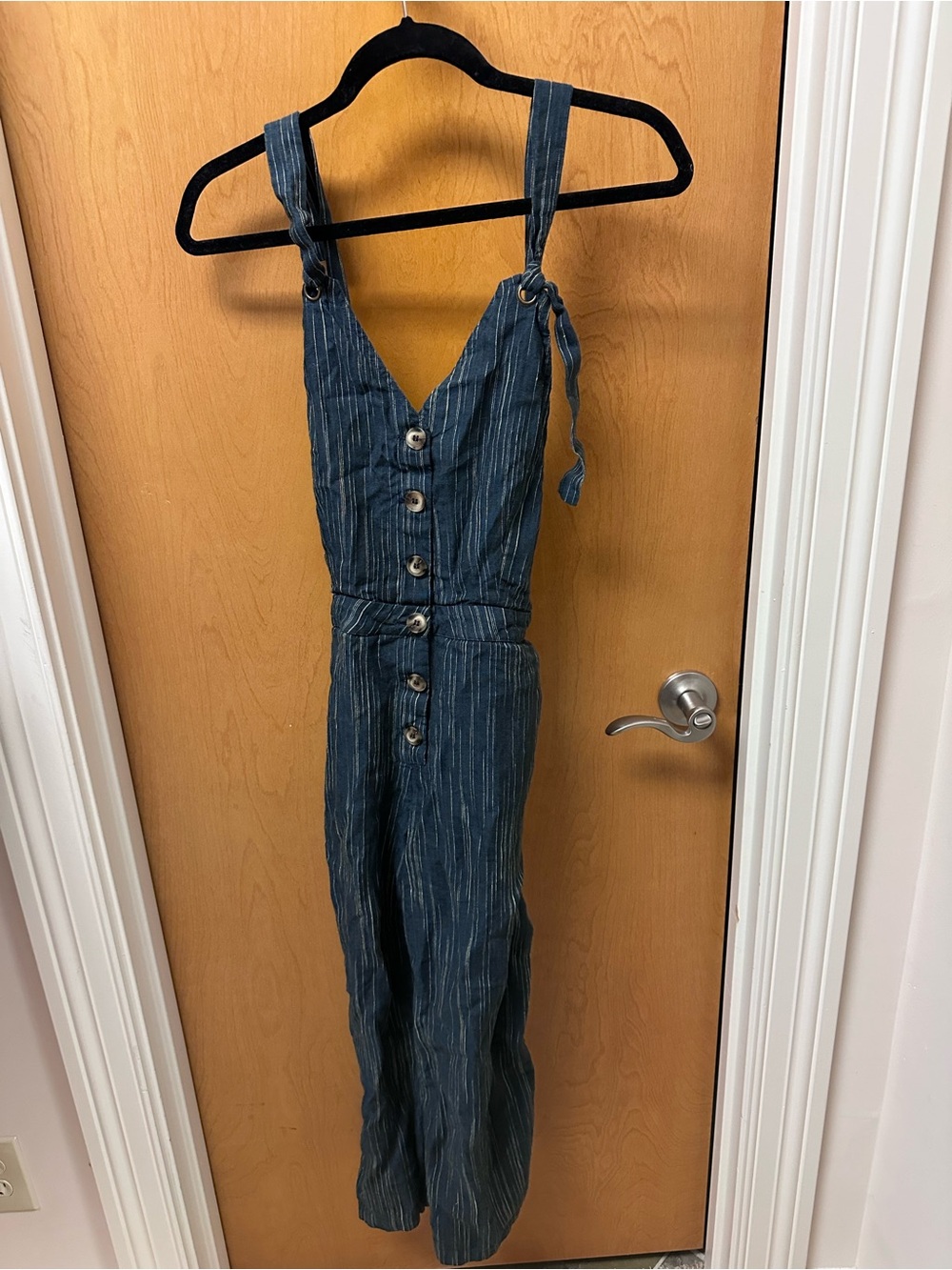 Striped Blue Button-Front Casual Jumpsuit